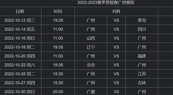 cba赛程2022-2023广东